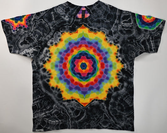 2X Super Heady Hexagon -> {12/3} Dodecagram Front/Back Shield/ Hexagon/Hexagram Sleeves/Cosmic Egg Geodes Hybrid Tie Dye T-Shirt*