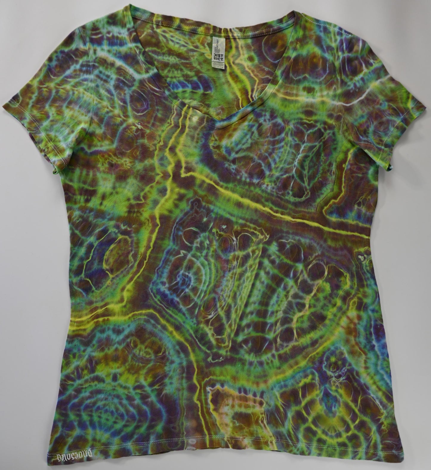Women's Medium Cosmic Egg/Geode Hybrid Tie Dye on a District Very Important Tee V-Neck Cotton T-Shirt