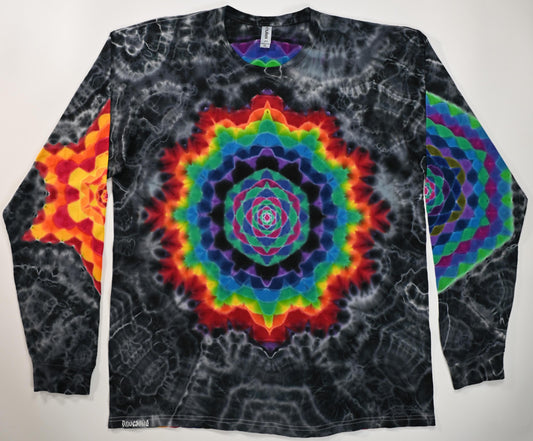 XL Hexagon-> Dodecagram F/Color Shifting Hourglass Shape B/Hexagon L Slv/Hexagram R Slv/ Cosmic Egg-Geode Hybrid Tie Dye Long Sleeve Shirt