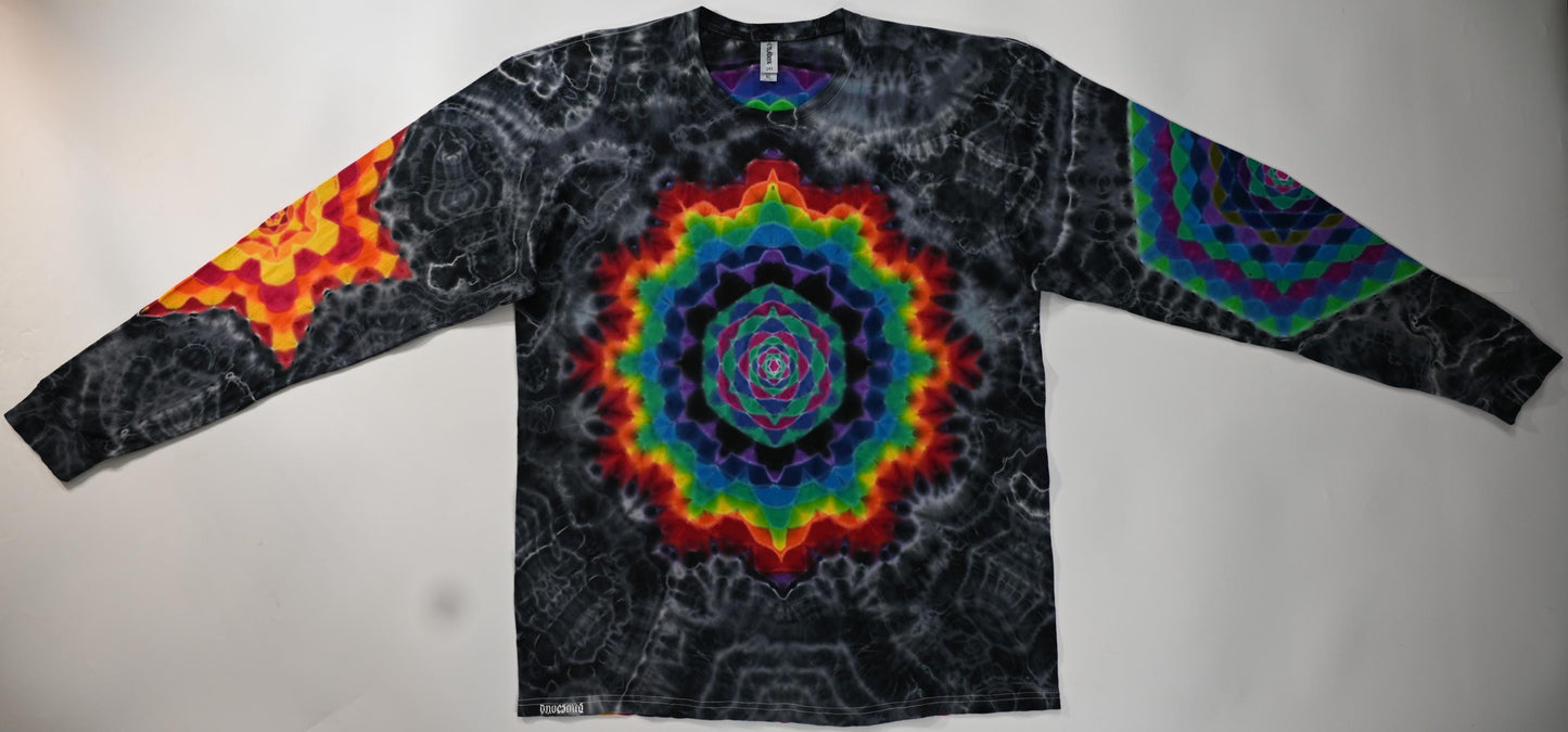 XL Hexagon-> Dodecagram F/Color Shifting Hourglass Shape B/Hexagon L Slv/Hexagram R Slv/ Cosmic Egg-Geode Hybrid Tie Dye Long Sleeve Shirt