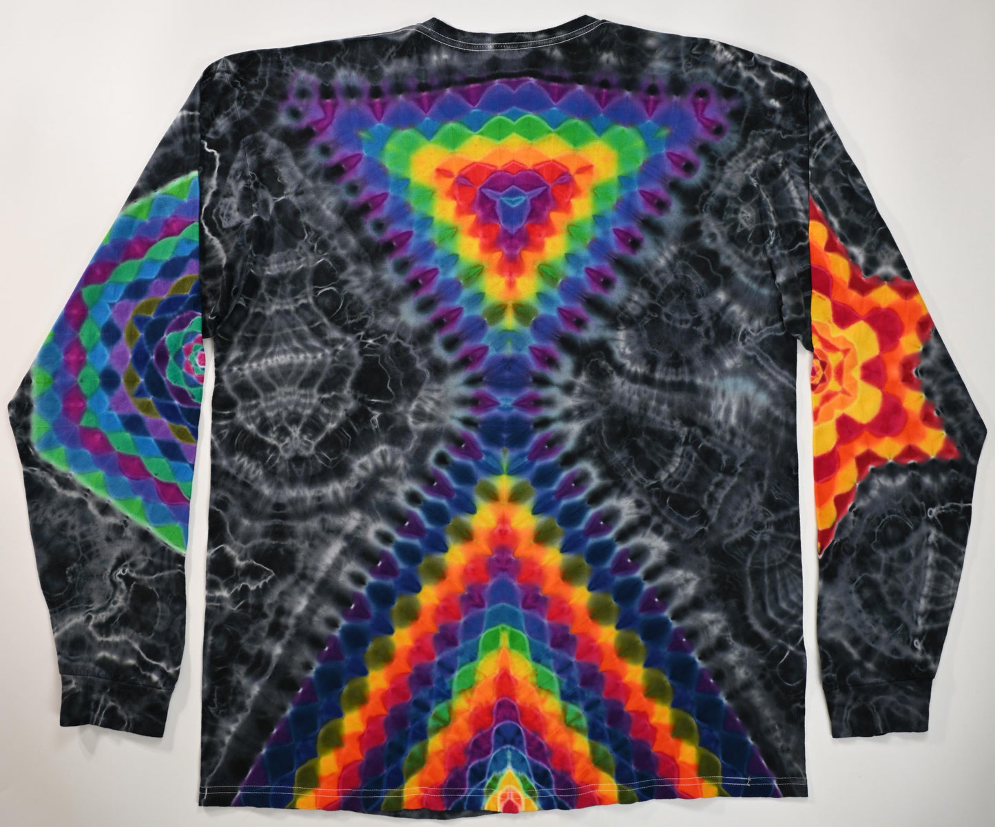 XL Hexagon-> Dodecagram F/Color Shifting Hourglass Shape B/Hexagon L Slv/Hexagram R Slv/ Cosmic Egg-Geode Hybrid Tie Dye Long Sleeve Shirt