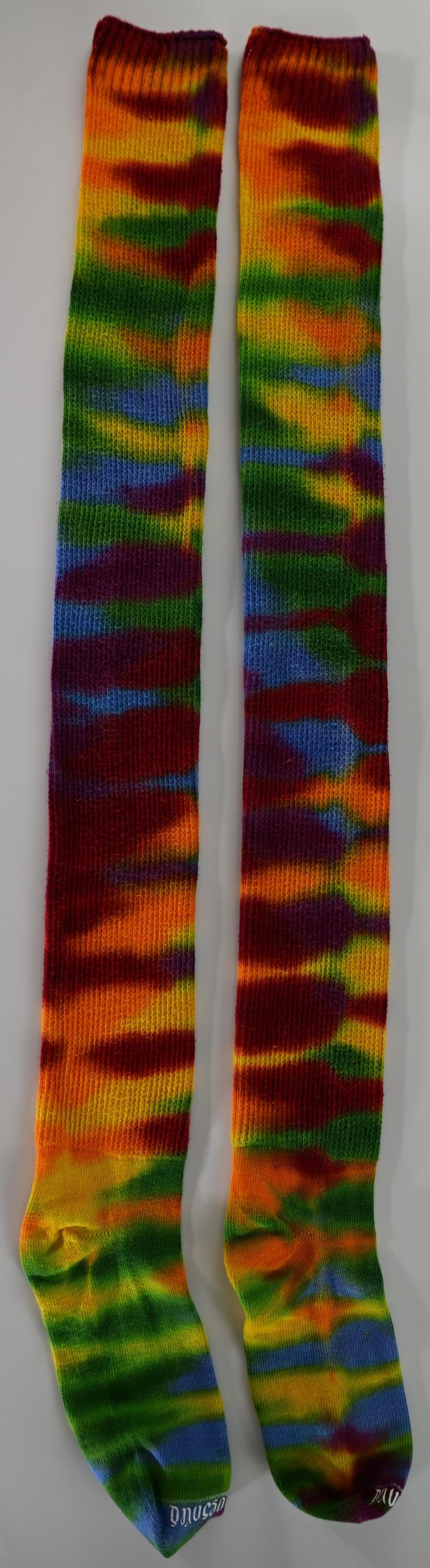 Colorful Tie Dye on a Pair of Dharma Trading Company Cotton Blend (89% Cotton/9 Nylon/2 Spandex) Thigh High Socks