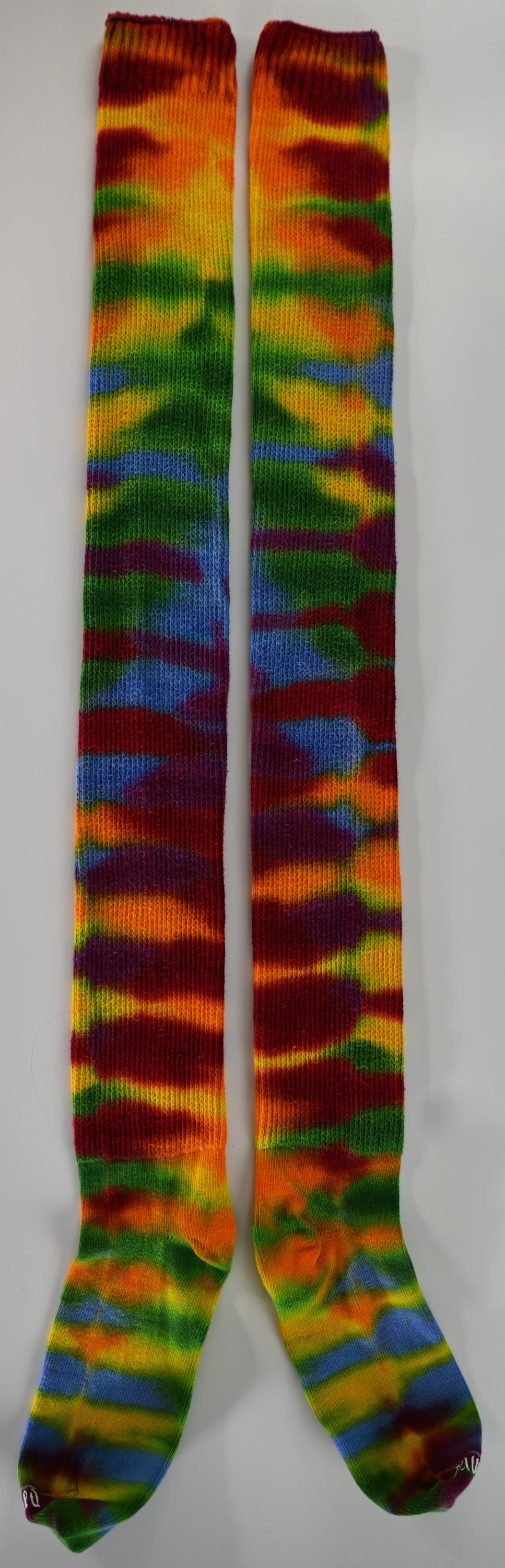 Colorful Tie Dye on a Pair of Dharma Trading Company Cotton Blend (89% Cotton/9 Nylon/2 Spandex) Thigh High Socks