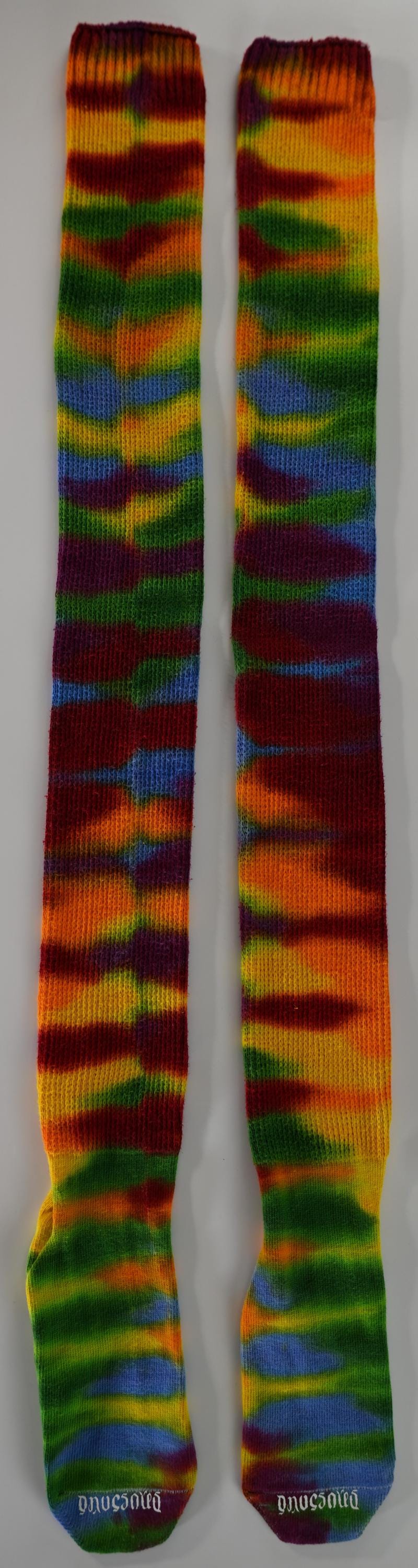 Colorful Tie Dye on a Pair of Dharma Trading Company Cotton Blend (89% Cotton/9 Nylon/2 Spandex) Thigh High Socks