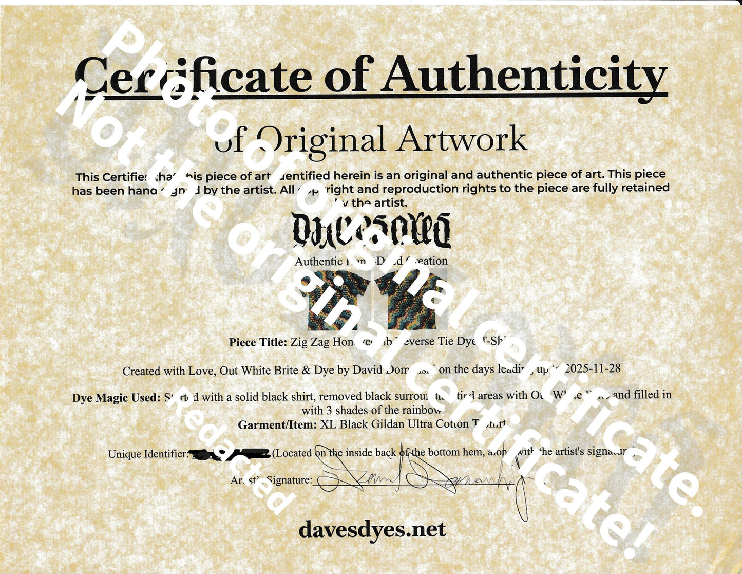 XL Zig Zag Honeycomb Reverse Tie Dye on what was once an all Black Gildan Ultra Cotton T-Shirt