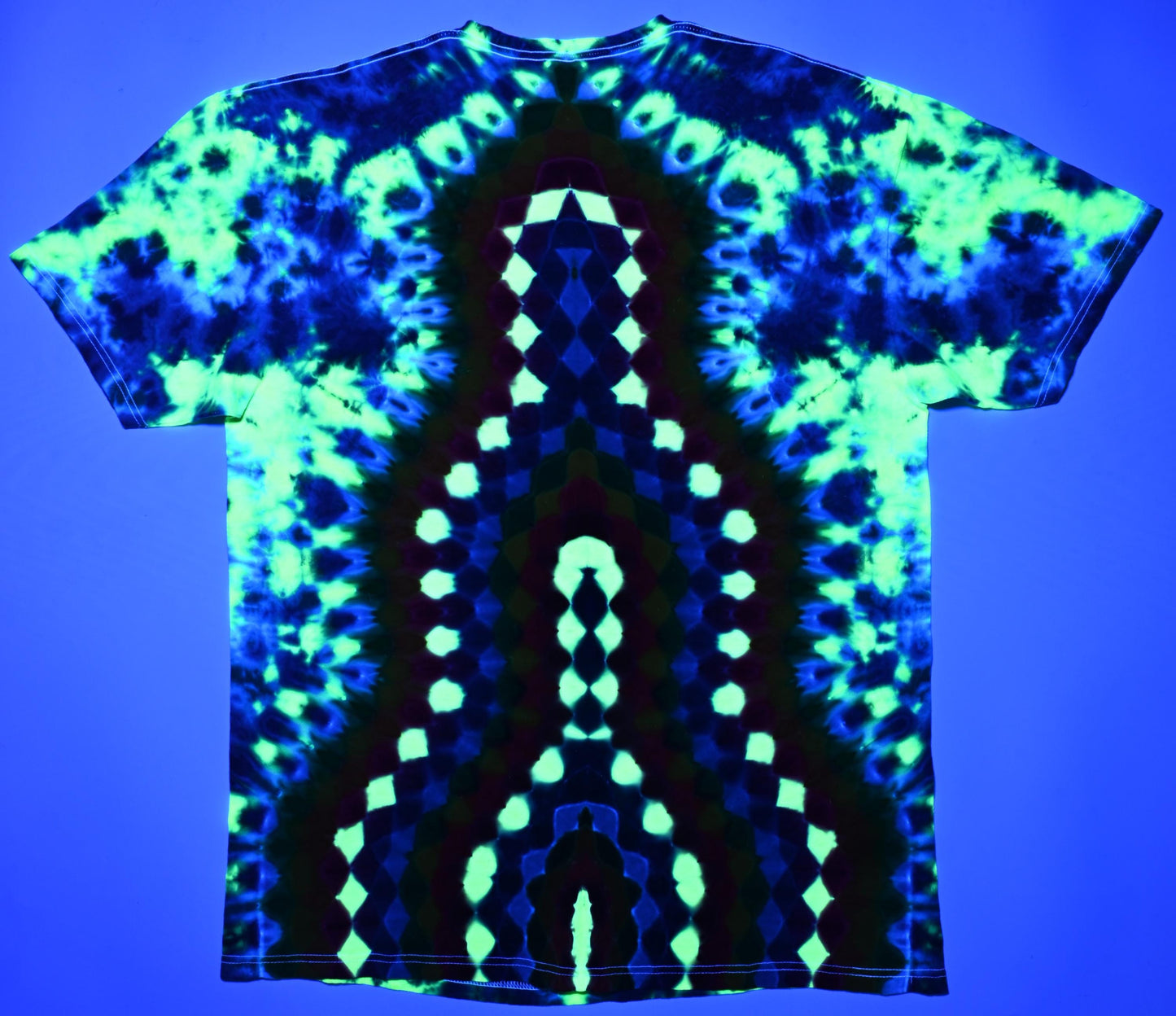 XL Super Heady UV Reactive 20Pt Mandala w/ Ripple Center F/Geometric Tower B Shield/Scrunch Tie Dye on a Tultex 290 Ringspun Cotton T-Shirt