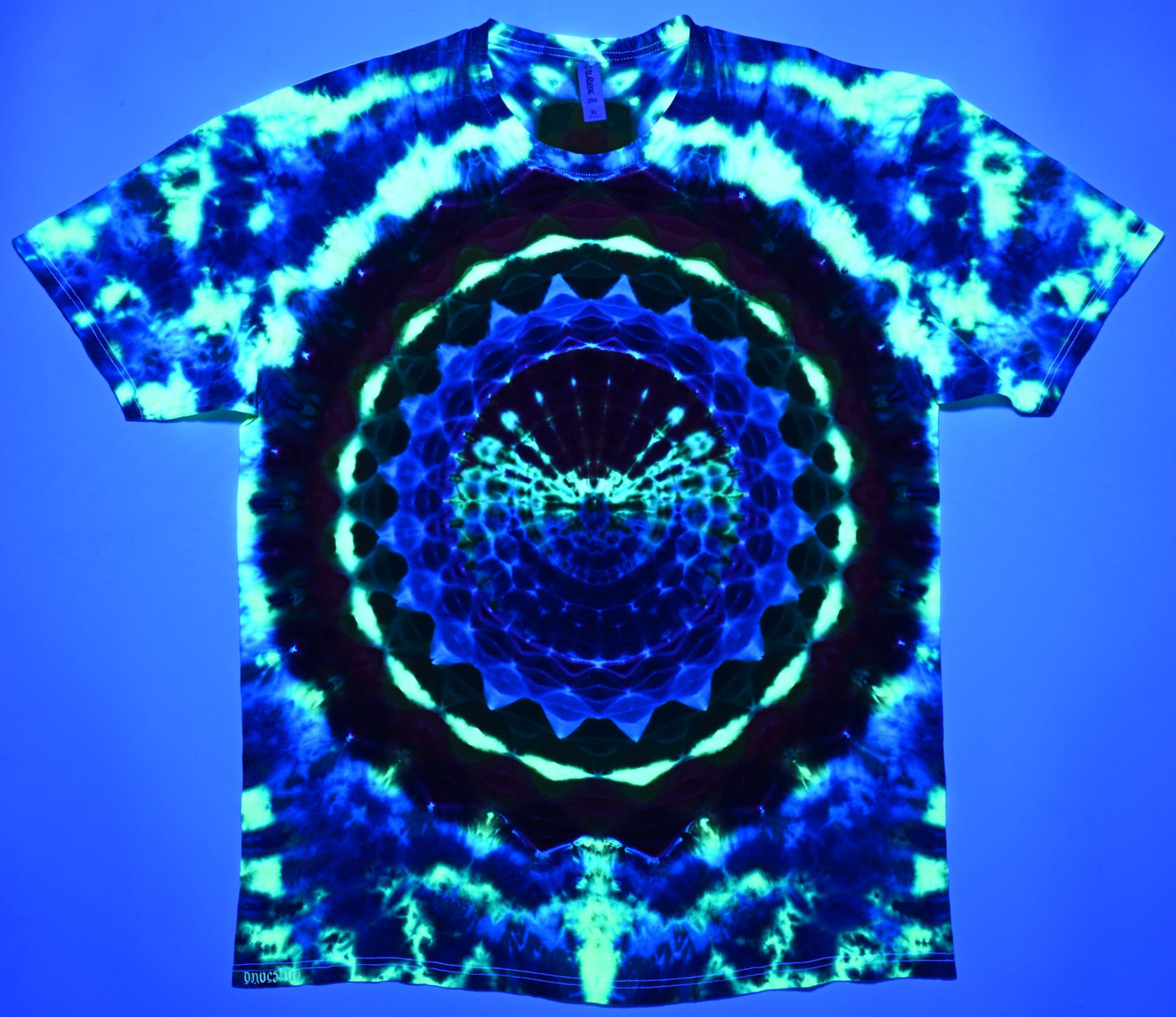 XL Super Heady UV Reactive 20Pt Mandala w/ Ripple Center F/Geometric Tower B Shield/Scrunch Tie Dye on a Tultex 290 Ringspun Cotton T-Shirt