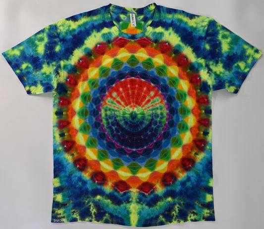XL Super Heady UV Reactive 20Pt Mandala w/ Ripple Center F/Geometric Tower B Shield/Scrunch Tie Dye on a Tultex 290 Ringspun Cotton T-Shirt
