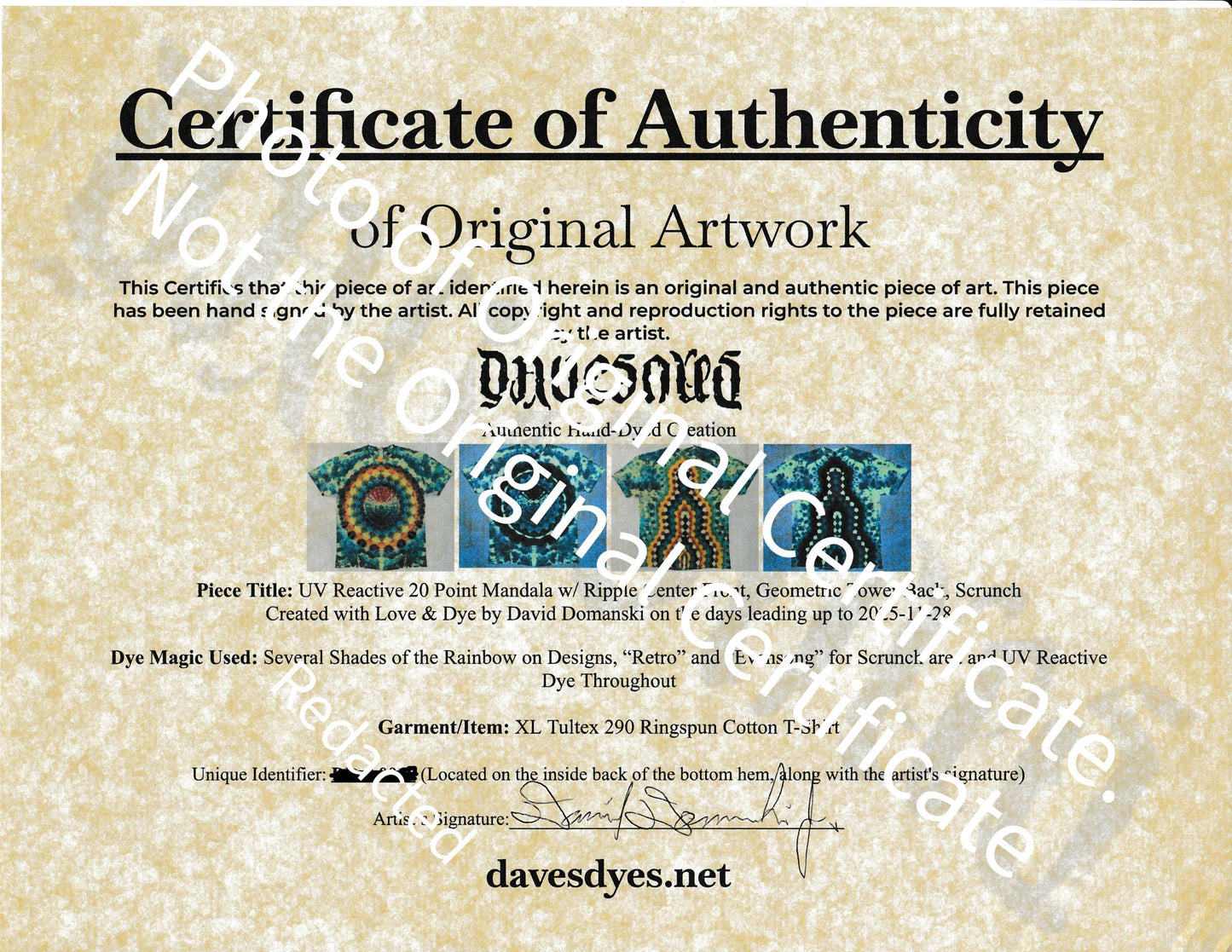 XL Super Heady UV Reactive 20Pt Mandala w/ Ripple Center F/Geometric Tower B Shield/Scrunch Tie Dye on a Tultex 290 Ringspun Cotton T-Shirt