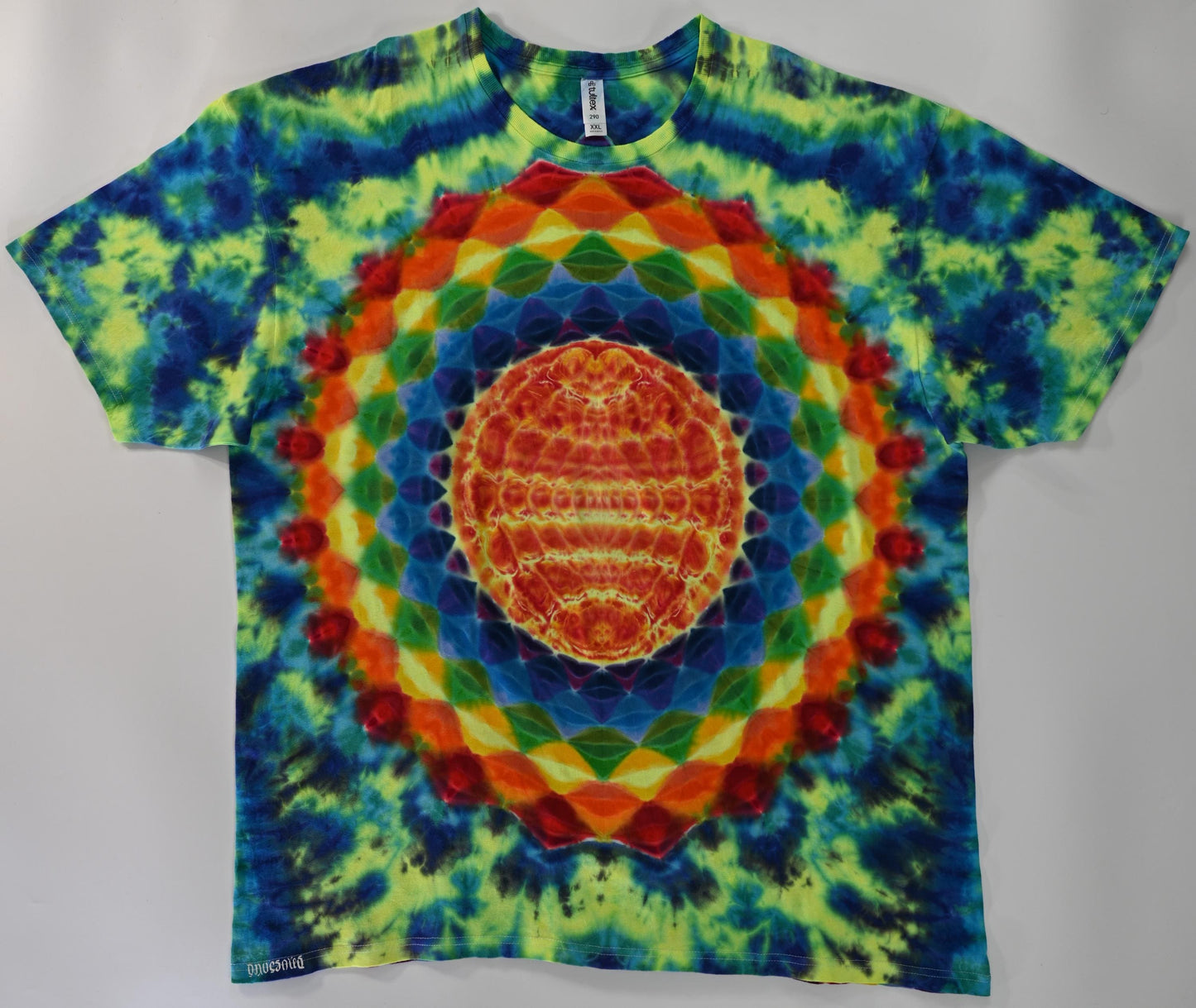 2X Super Heady UV Reactive 20Pt Mandala Cosmic Egg Cntr F/Geometric Tower B Shield/Scrunch Tie Dye on a Tultex 290 Ringspun Cotton T-Shirt