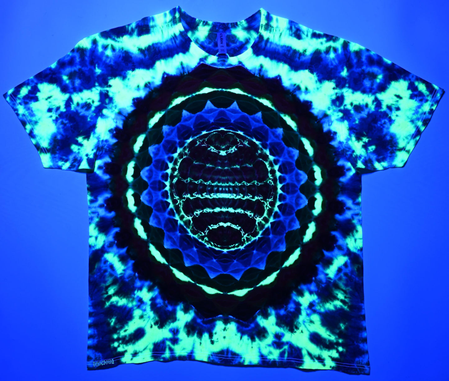 2X Super Heady UV Reactive 20Pt Mandala Cosmic Egg Cntr F/Geometric Tower B Shield/Scrunch Tie Dye on a Tultex 290 Ringspun Cotton T-Shirt