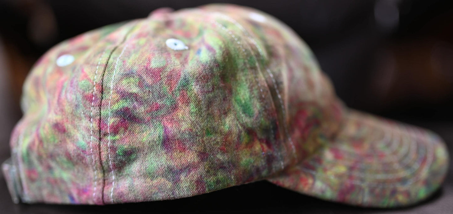 Adult UV Reactive/Gemstone Colors (Emerald Green, Sapphire and Amethyst) Swirl Dyed/"Shaving Cream Dye" on a Valucap Brushed Twill Cap