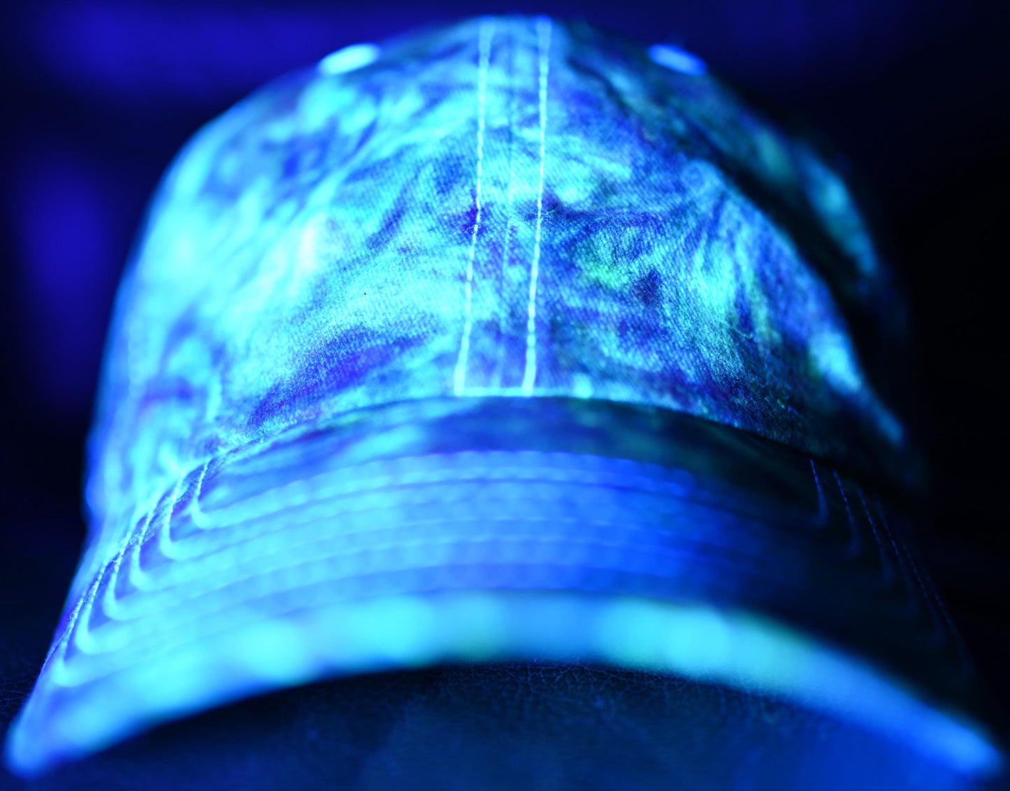 Adult UV Reactive/Gemstone Colors (Emerald Green, Sapphire and Amethyst) Swirl Dyed/"Shaving Cream Dye" on a Valucap Brushed Twill Cap