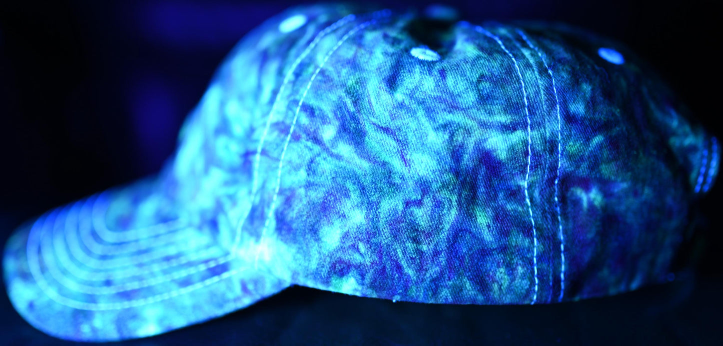 Adult UV Reactive/Gemstone Colors (Emerald Green, Sapphire and Amethyst) Swirl Dyed/"Shaving Cream Dye" on a Valucap Brushed Twill Cap