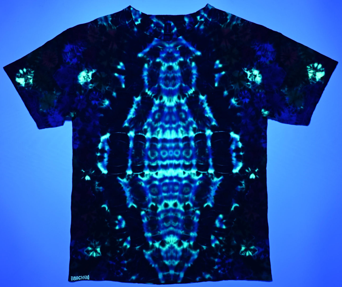 Large UV Reactive Cosmic Egg Front/Back/ Kenney Style Tie Die on a Gildan Ultra Cotton PFD (Prepared for Dye) T-Shirt