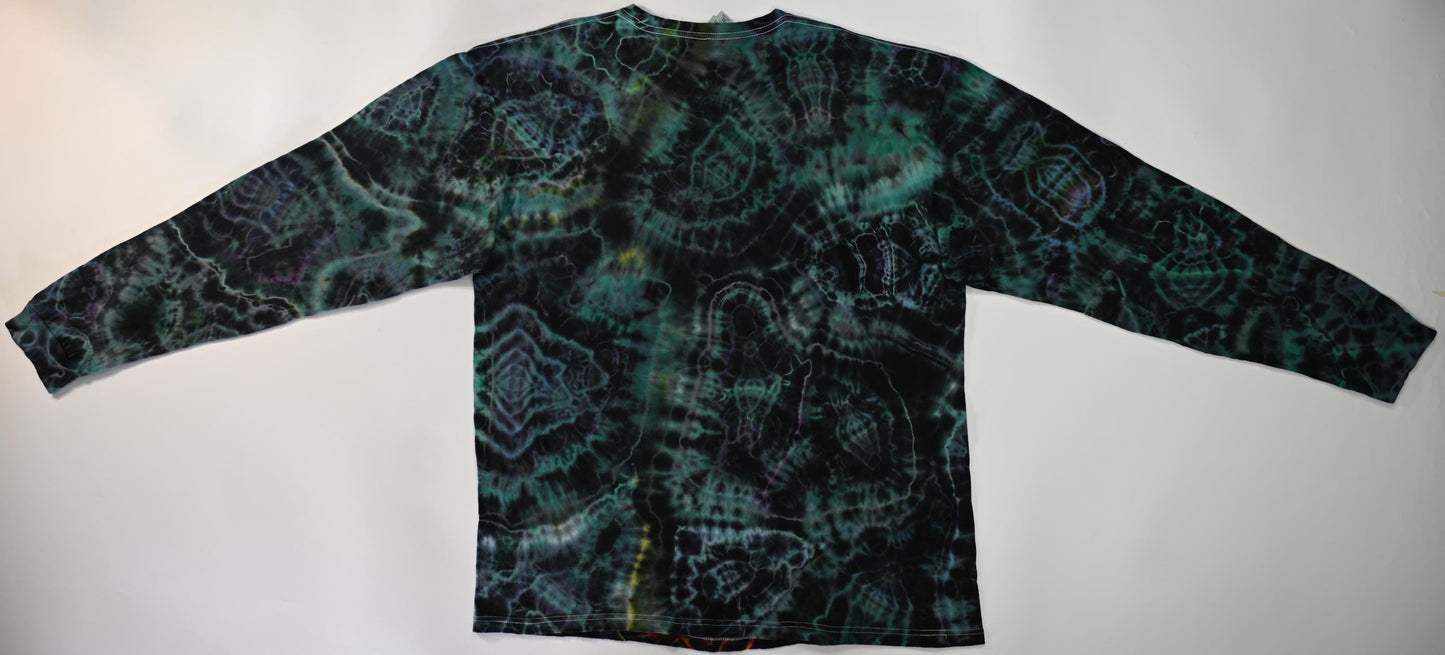 XL Fiery Cosmic Egg Front/ Cosmic Egg-Geode Hybrid Surround Tie Dye on a Tultex 291 Ringspun Cotton Long Sleeve Shirt