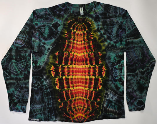 XL Fiery Cosmic Egg Front/ Cosmic Egg-Geode Hybrid Surround Tie Dye on a Tultex 291 Ringspun Cotton Long Sleeve Shirt