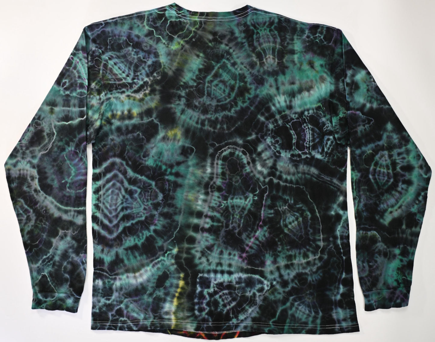 XL Fiery Cosmic Egg Front/ Cosmic Egg-Geode Hybrid Surround Tie Dye on a Tultex 291 Ringspun Cotton Long Sleeve Shirt