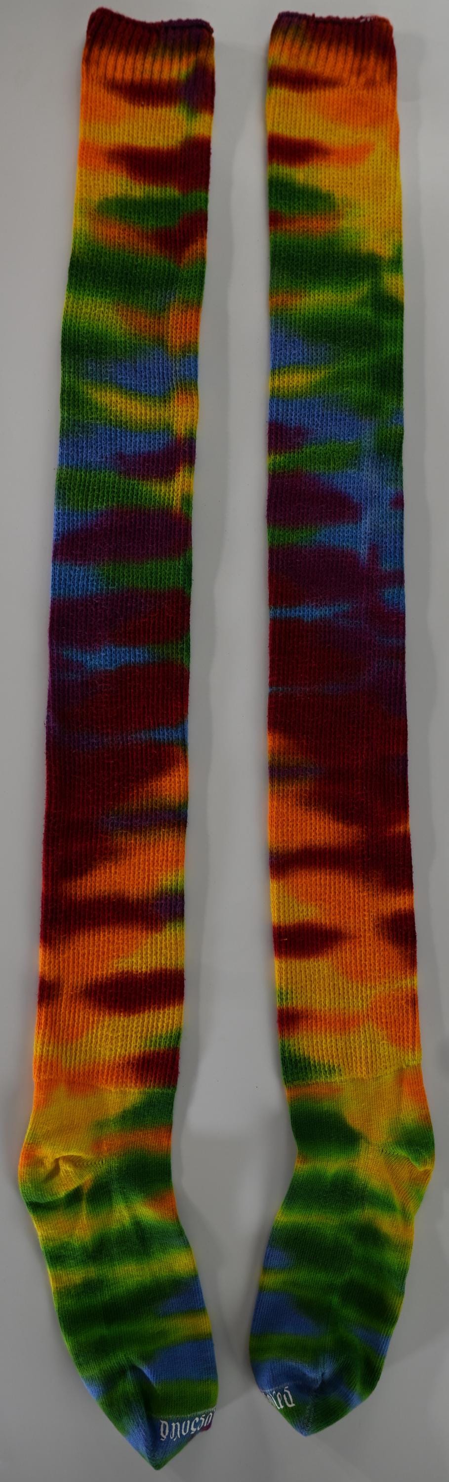 Colorful Tie Dye on a Pair of Dharma Trading Company Cotton Blend (89% Cotton/9 Nylon/2 Spandex) Thigh High Socks
