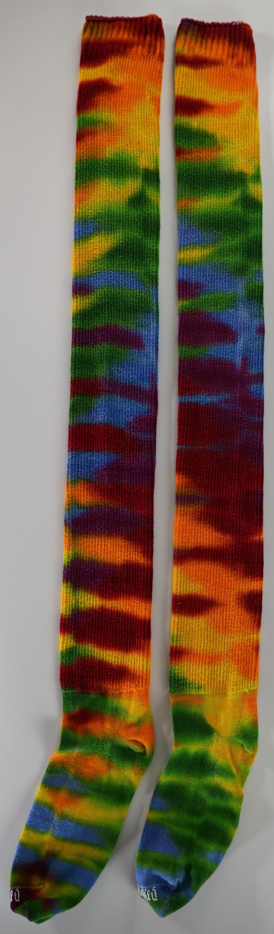 Colorful Tie Dye on a Pair of Dharma Trading Company Cotton Blend (89% Cotton/9 Nylon/2 Spandex) Thigh High Socks