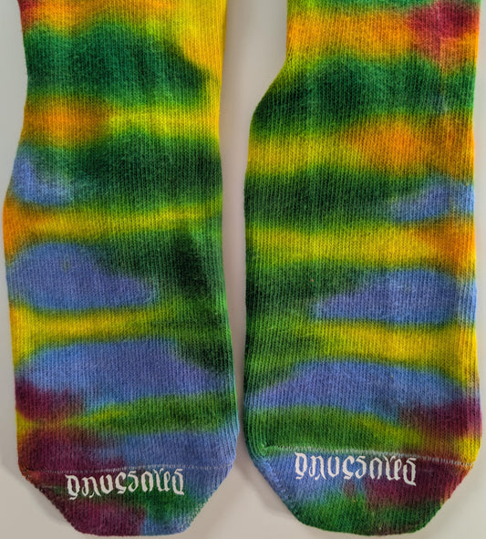 Colorful Tie Dye on a Pair of Dharma Trading Company Cotton Blend (89% Cotton/9 Nylon/2 Spandex) Thigh High Socks