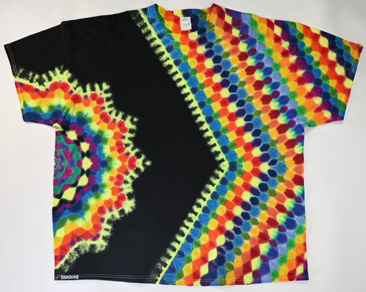4X UV Reactive Side Hexagon (Gemstone Colors)-> {12/3} Dodecagram/Pac-Man Honeycomb/Black Between Tie Dye on a Port & Company Essential Tee