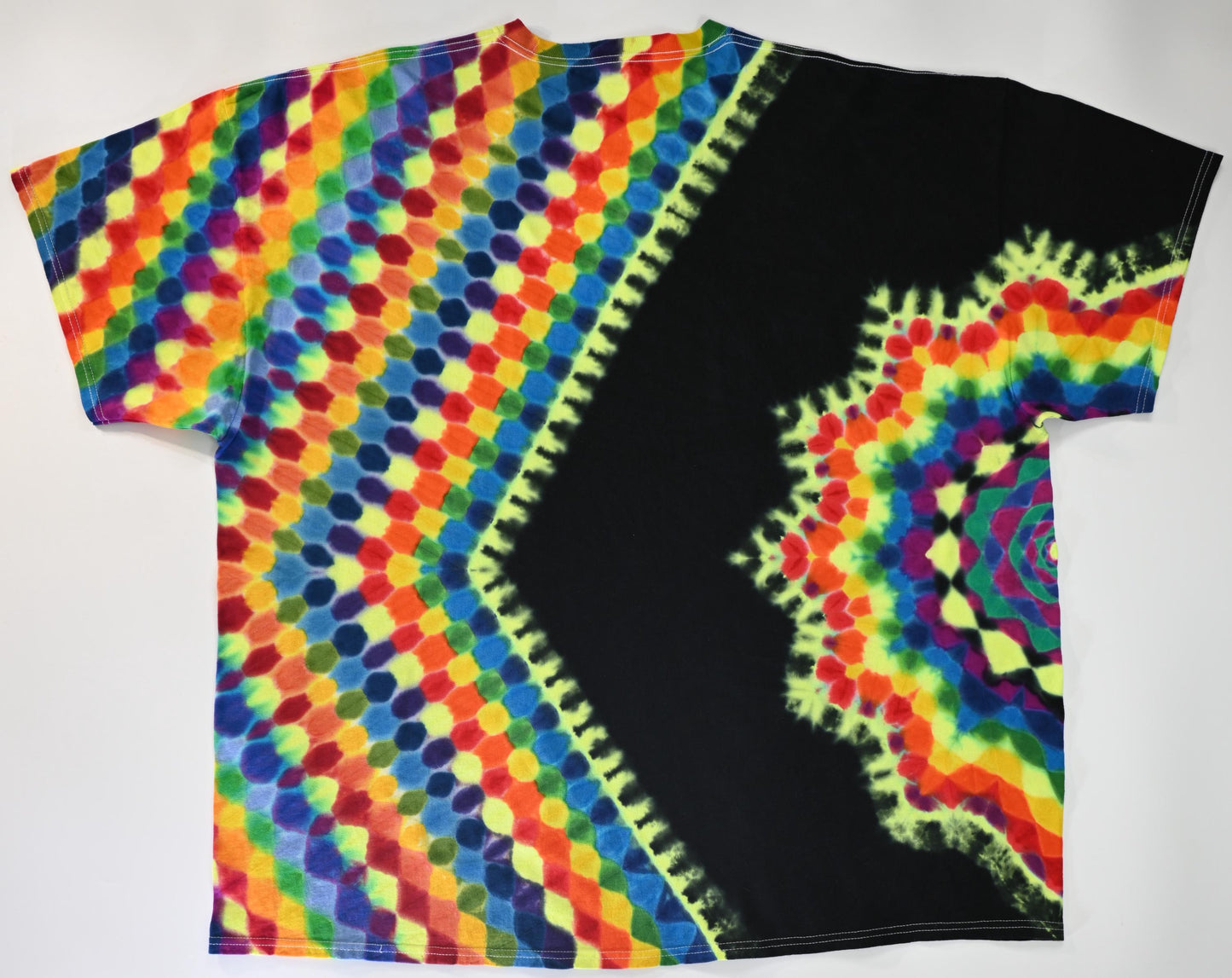 4X UV Reactive Side Hexagon (Gemstone Colors)-> {12/3} Dodecagram/Pac-Man Honeycomb/Black Between Tie Dye on a Port & Company Essential Tee