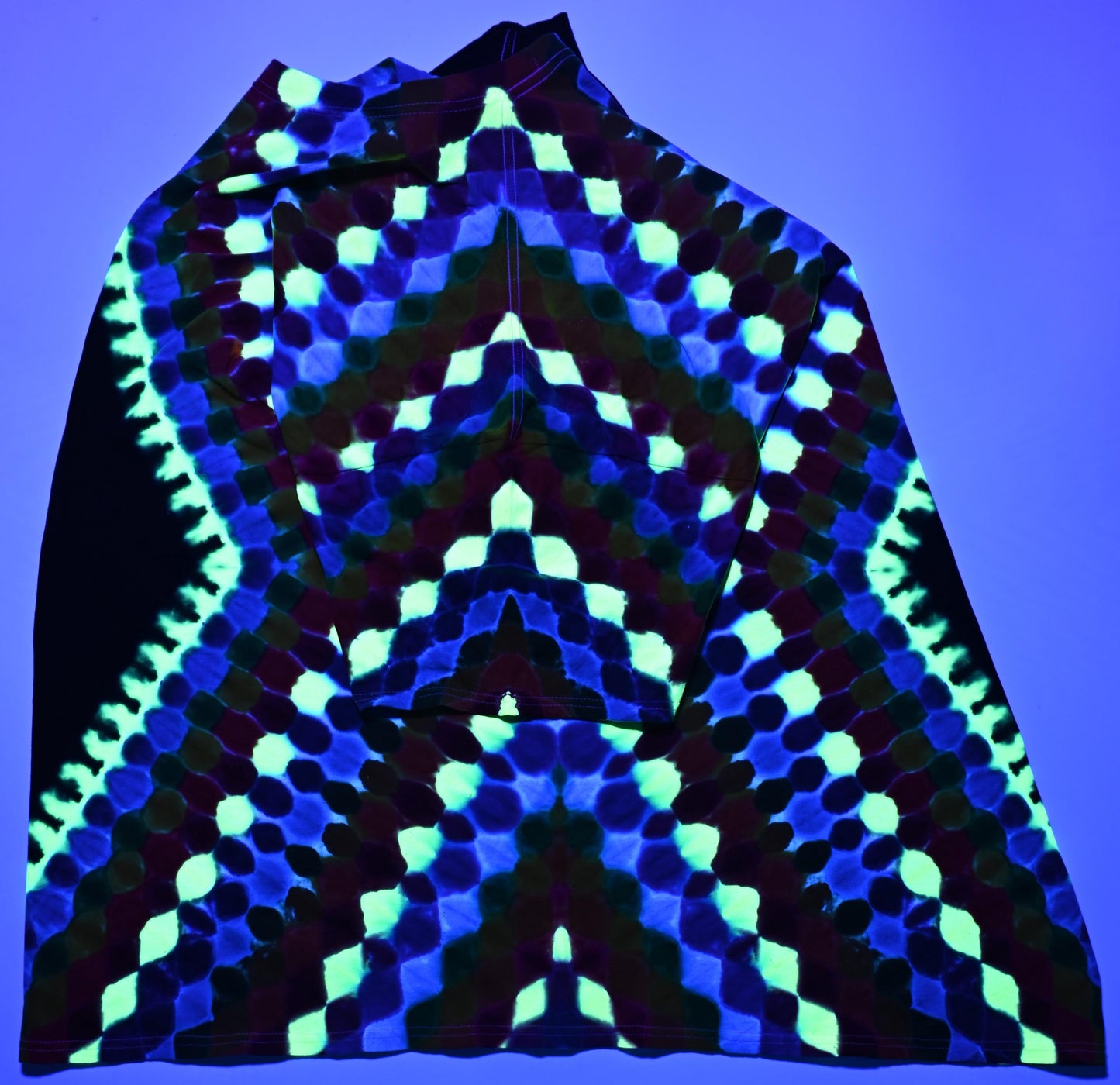 4X UV Reactive Side Hexagon (Gemstone Colors)-> {12/3} Dodecagram/Pac-Man Honeycomb/Black Between Tie Dye on a Port & Company Essential Tee