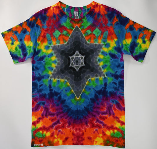 Scratch and Dent** Medium Hexagram in Greys and Black F/Spine in Gemstone Colors B/ Scrunch Tie Dye on a Gildan Ultra Cotton PFD T-Shirt