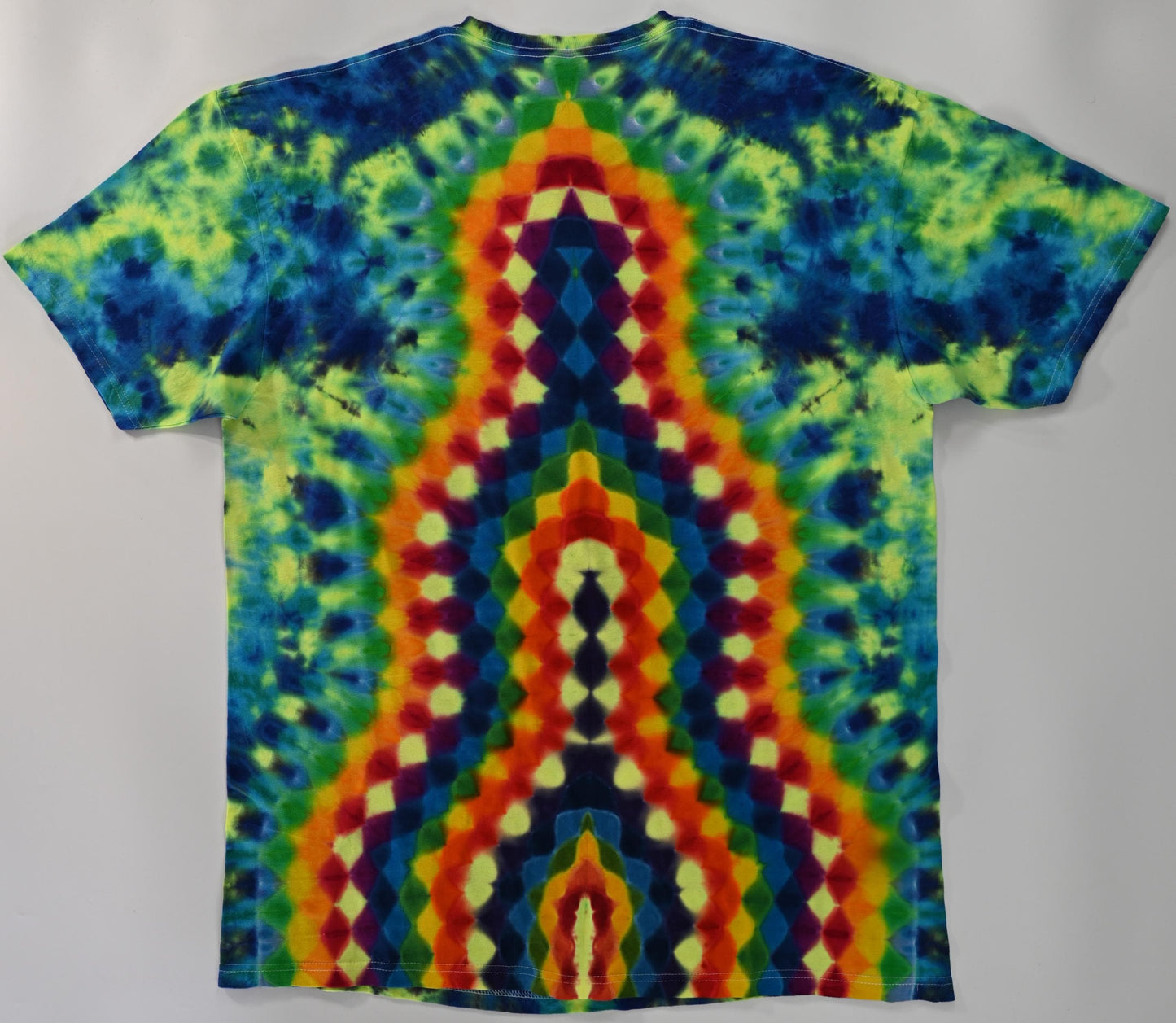 XL Super Heady UV Reactive 20Pt Mandala w/ Ripple Center F/Geometric Tower B Shield/Scrunch Tie Dye on a Tultex 290 Ringspun Cotton T-Shirt