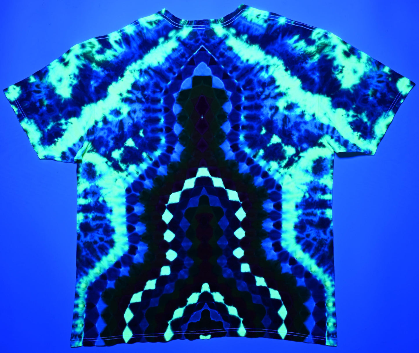 2X Super Heady UV Reactive 20Pt Mandala Cosmic Egg Cntr F/Geometric Tower B Shield/Scrunch Tie Dye on a Tultex 290 Ringspun Cotton T-Shirt