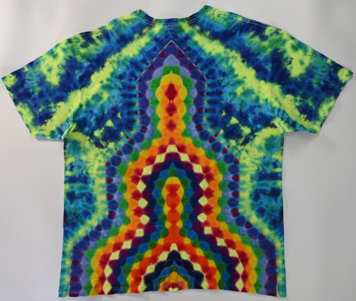 2X Super Heady UV Reactive 20Pt Mandala Cosmic Egg Cntr F/Geometric Tower B Shield/Scrunch Tie Dye on a Tultex 290 Ringspun Cotton T-Shirt