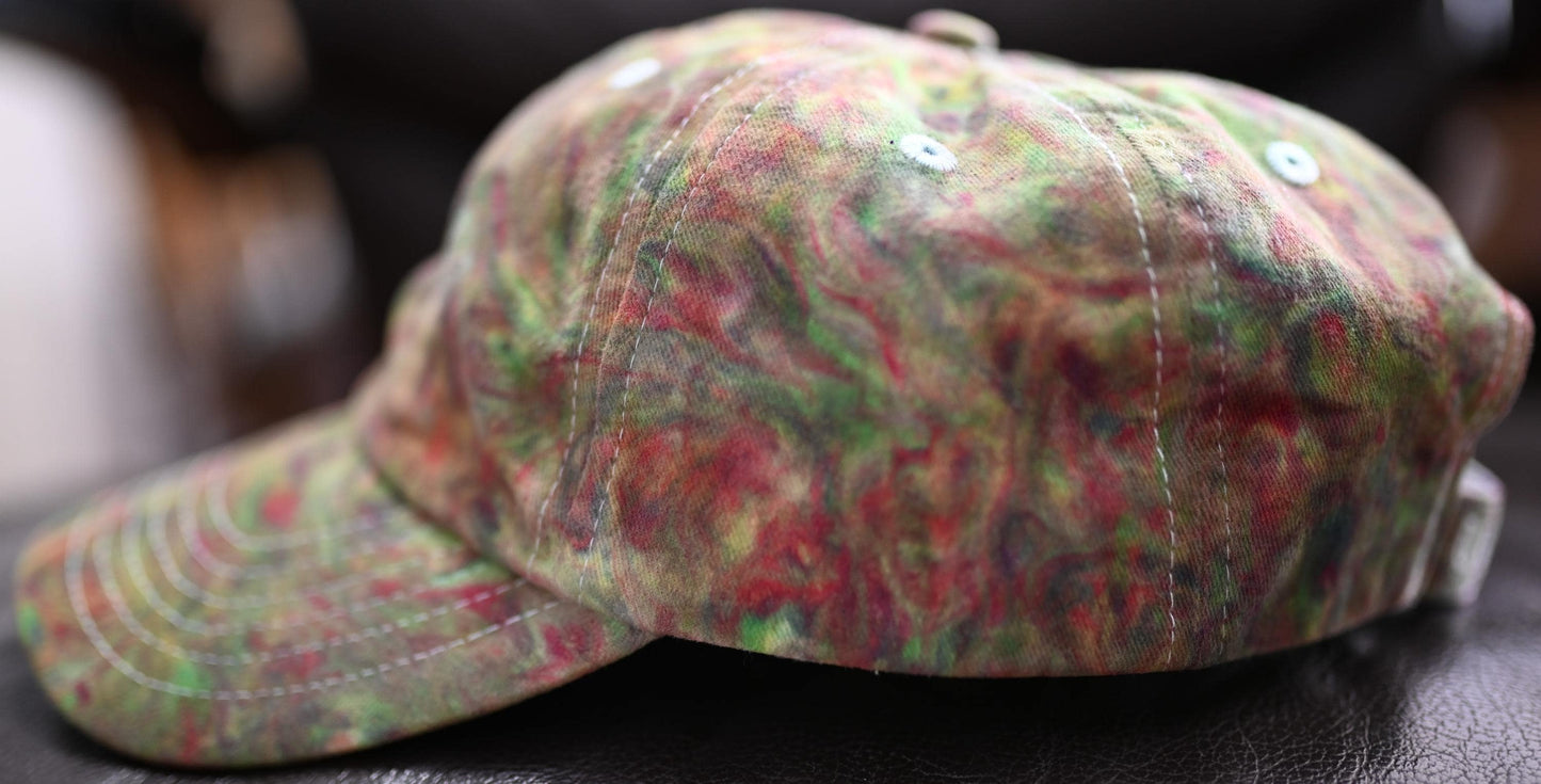 Adult UV Reactive/Gemstone Colors (Emerald Green, Sapphire and Amethyst) Swirl Dyed/"Shaving Cream Dye" on a Valucap Brushed Twill Cap