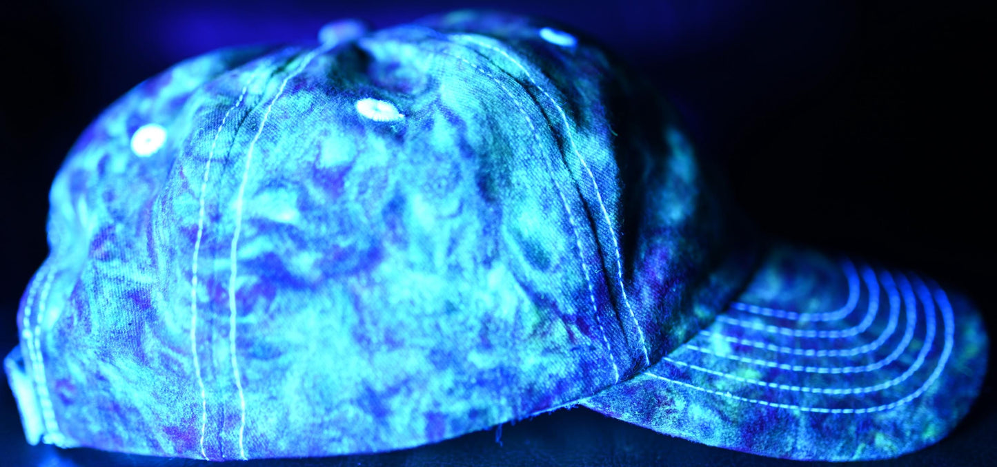 Adult UV Reactive/Gemstone Colors (Emerald Green, Sapphire and Amethyst) Swirl Dyed/"Shaving Cream Dye" on a Valucap Brushed Twill Cap