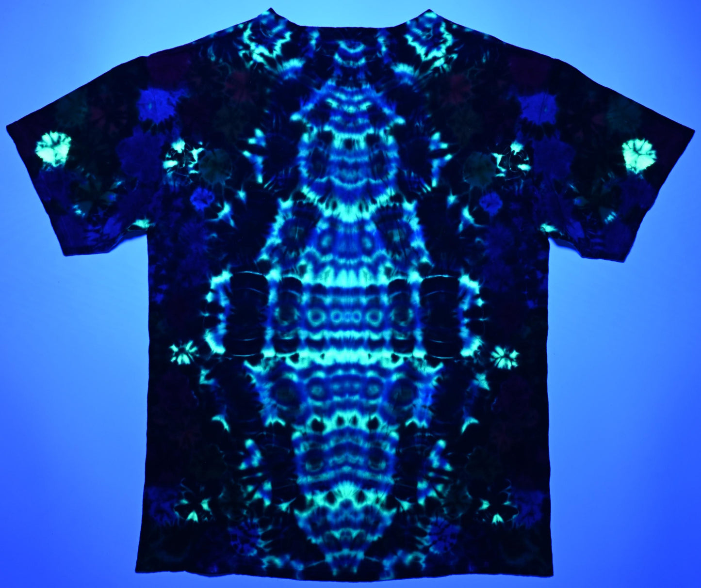 Large UV Reactive Cosmic Egg Front/Back/ Kenney Style Tie Die on a Gildan Ultra Cotton PFD (Prepared for Dye) T-Shirt