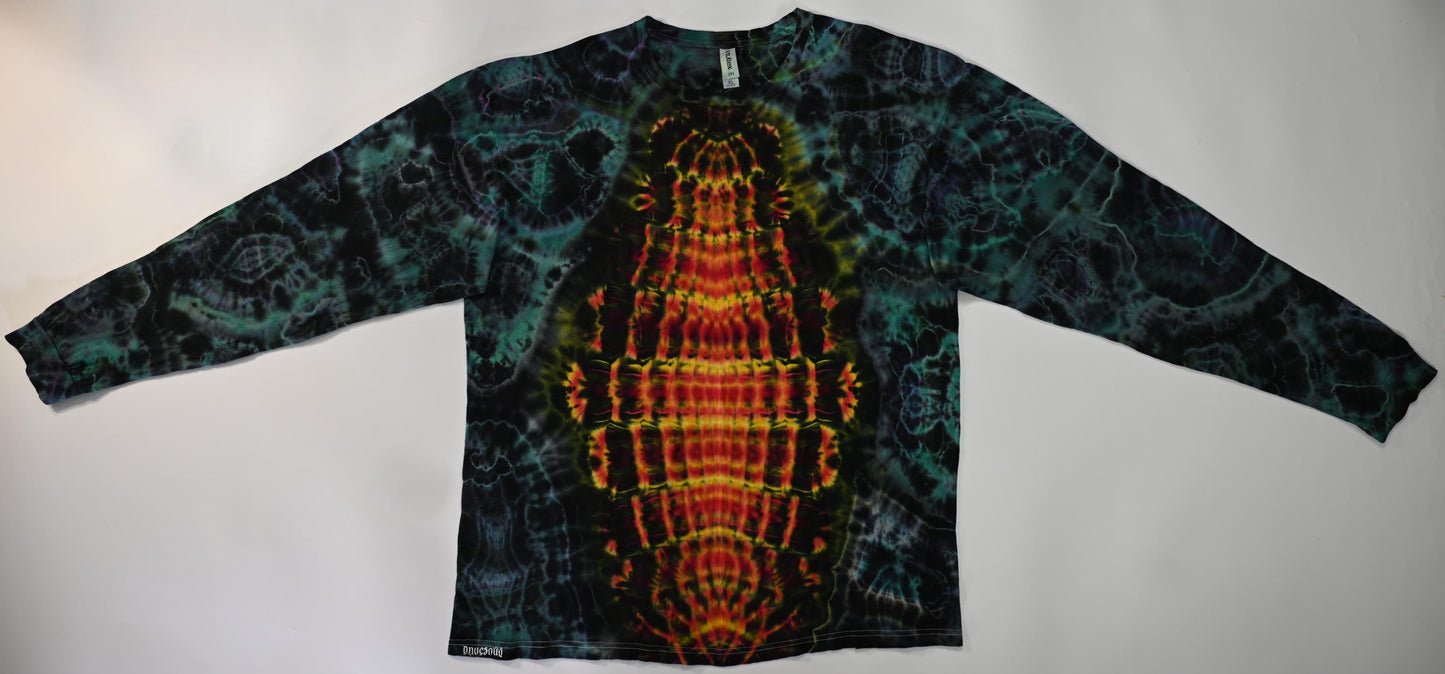 XL Fiery Cosmic Egg Front/ Cosmic Egg-Geode Hybrid Surround Tie Dye on a Tultex 291 Ringspun Cotton Long Sleeve Shirt
