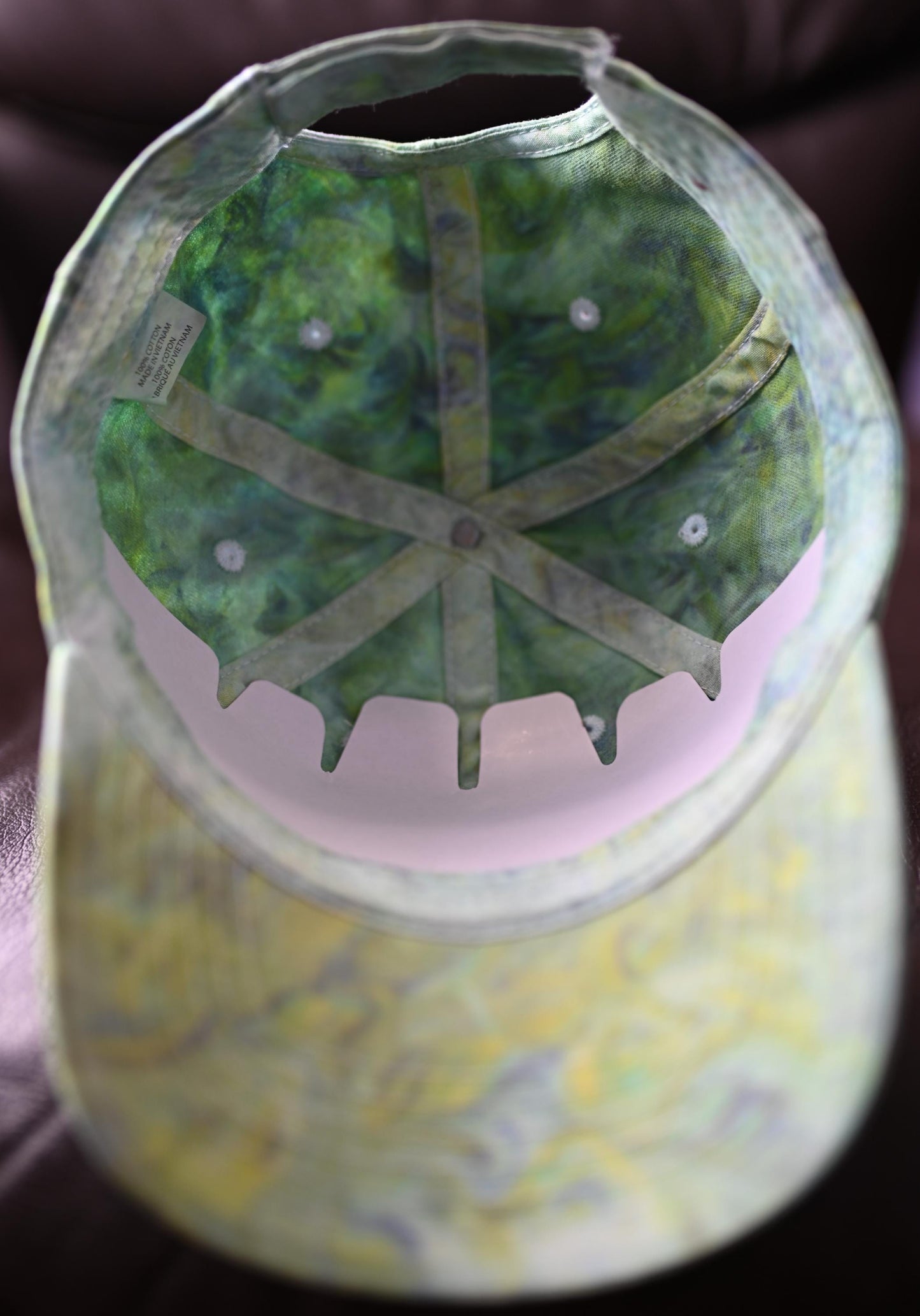 Adult (colors: "Retro", "Evensong" and "Zesty Yellow" all DyeSpin Colors) Swirl Dyed/"Shaving Cream Dye" on a Valucap Brushed Twill Cap