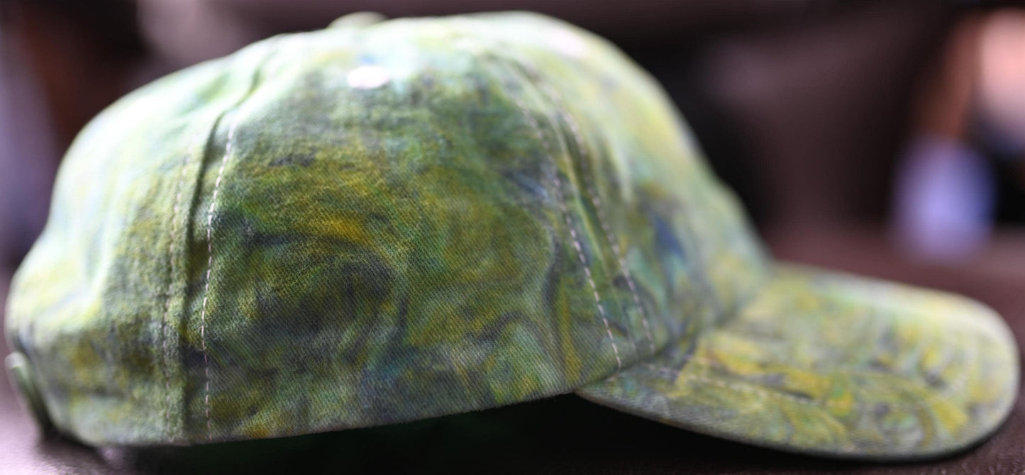 Adult (colors: "Retro", "Evensong" and "Zesty Yellow" all DyeSpin Colors) Swirl Dyed/"Shaving Cream Dye" on a Valucap Brushed Twill Cap