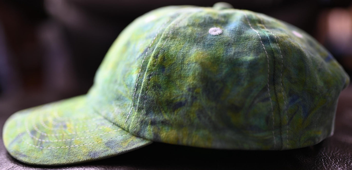 Adult (colors: "Retro", "Evensong" and "Zesty Yellow" all DyeSpin Colors) Swirl Dyed/"Shaving Cream Dye" on a Valucap Brushed Twill Cap