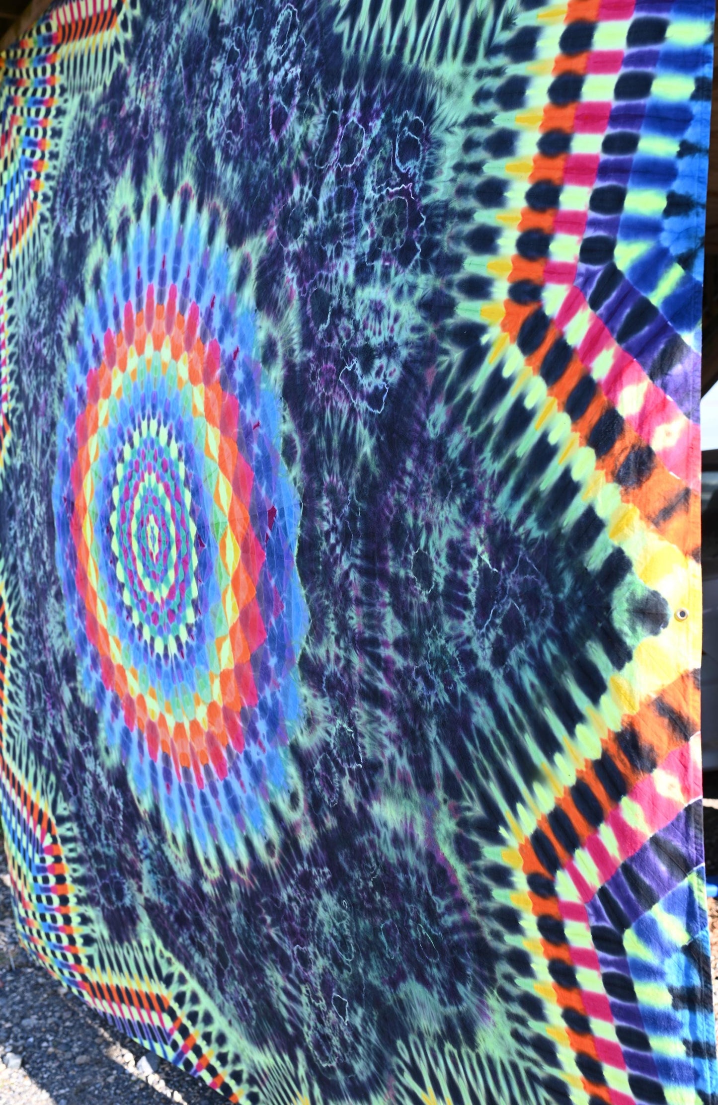 104"X102" Super Heady UV Reactive from center: Octagon->24 Point Mandala->Geodes->Neo-DNA {12/3} Dodecagram Border Tie Dye on a Tapestry