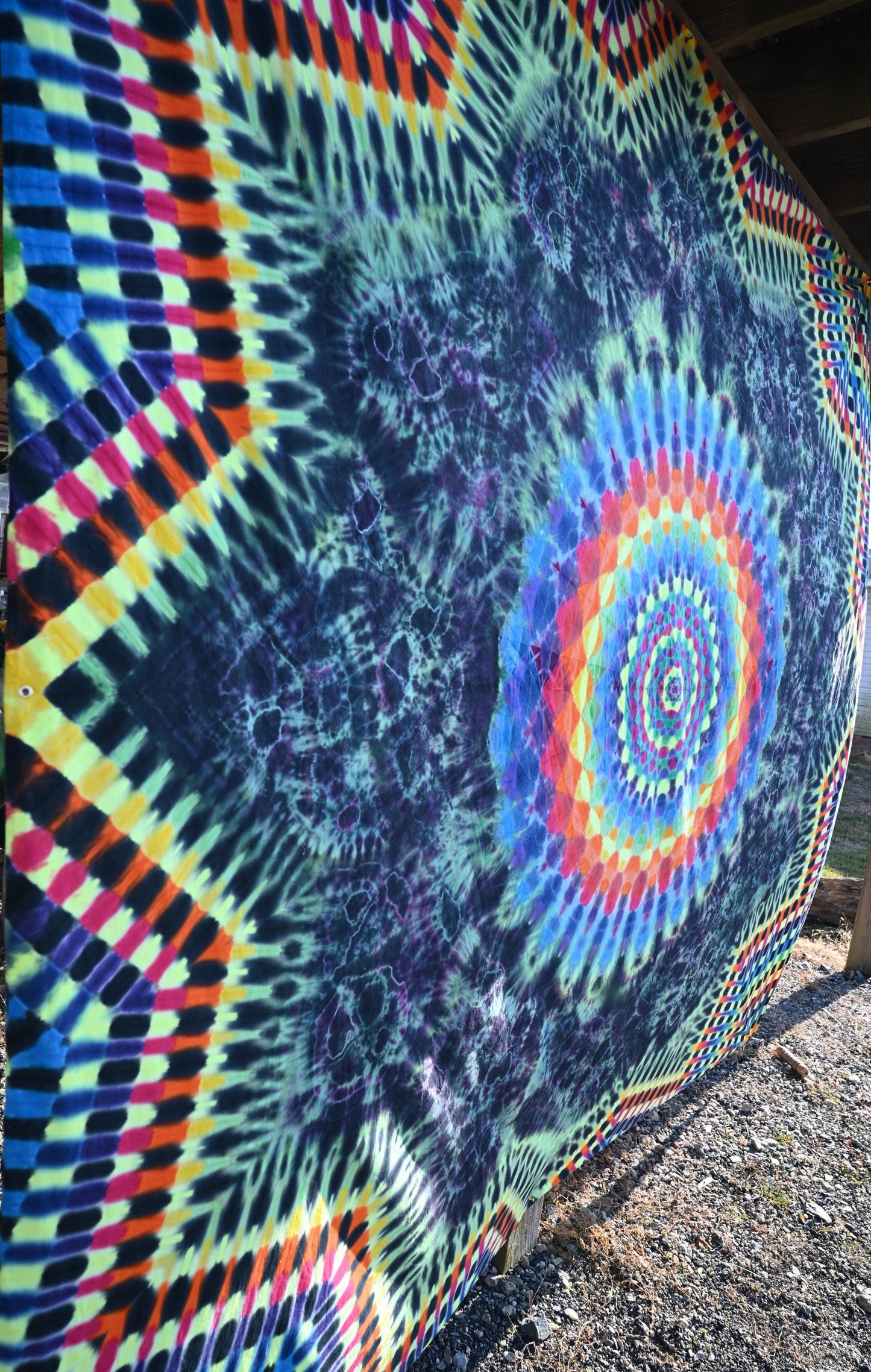 104"X102" Super Heady UV Reactive from center: Octagon->24 Point Mandala->Geodes->Neo-DNA {12/3} Dodecagram Border Tie Dye on a Tapestry