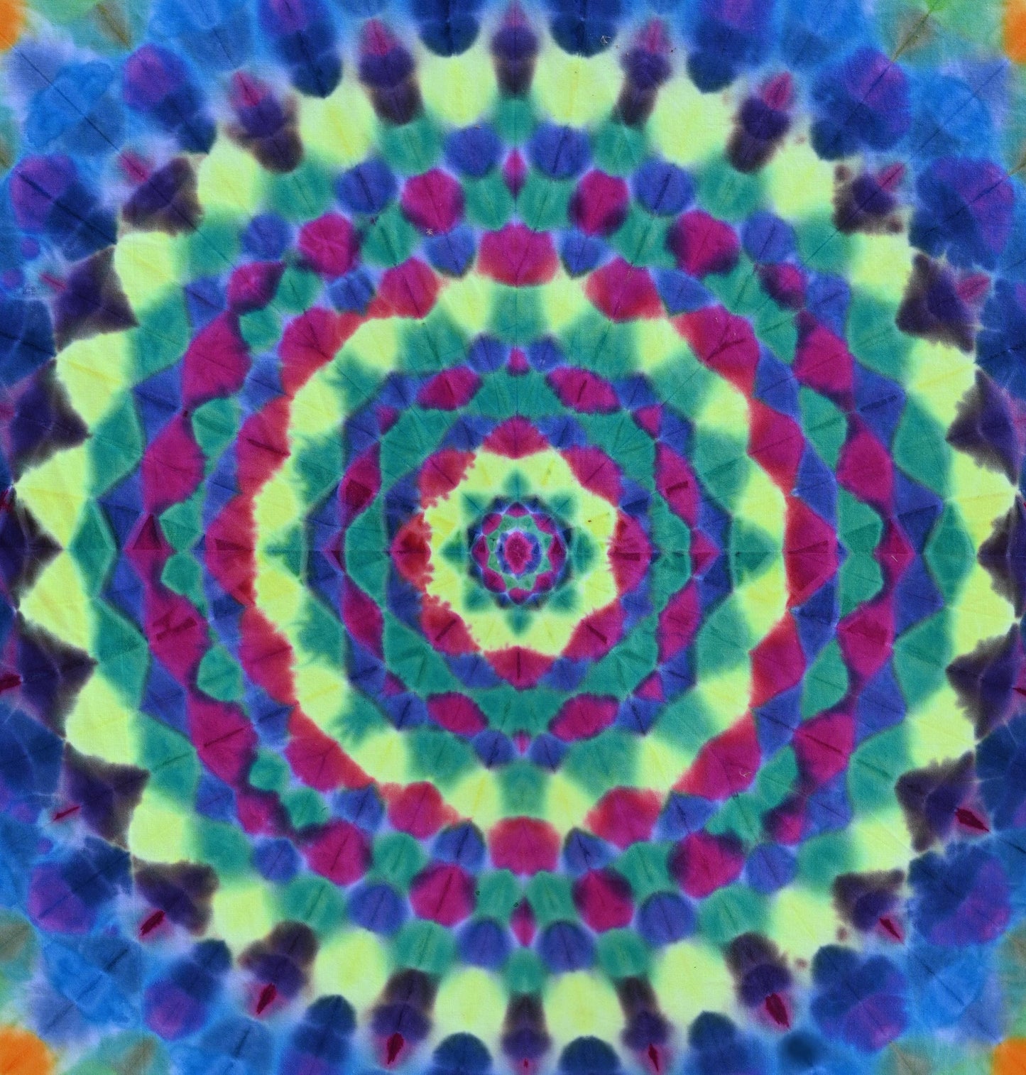 104"X102" Super Heady UV Reactive from center: Octagon->24 Point Mandala->Geodes->Neo-DNA {12/3} Dodecagram Border Tie Dye on a Tapestry