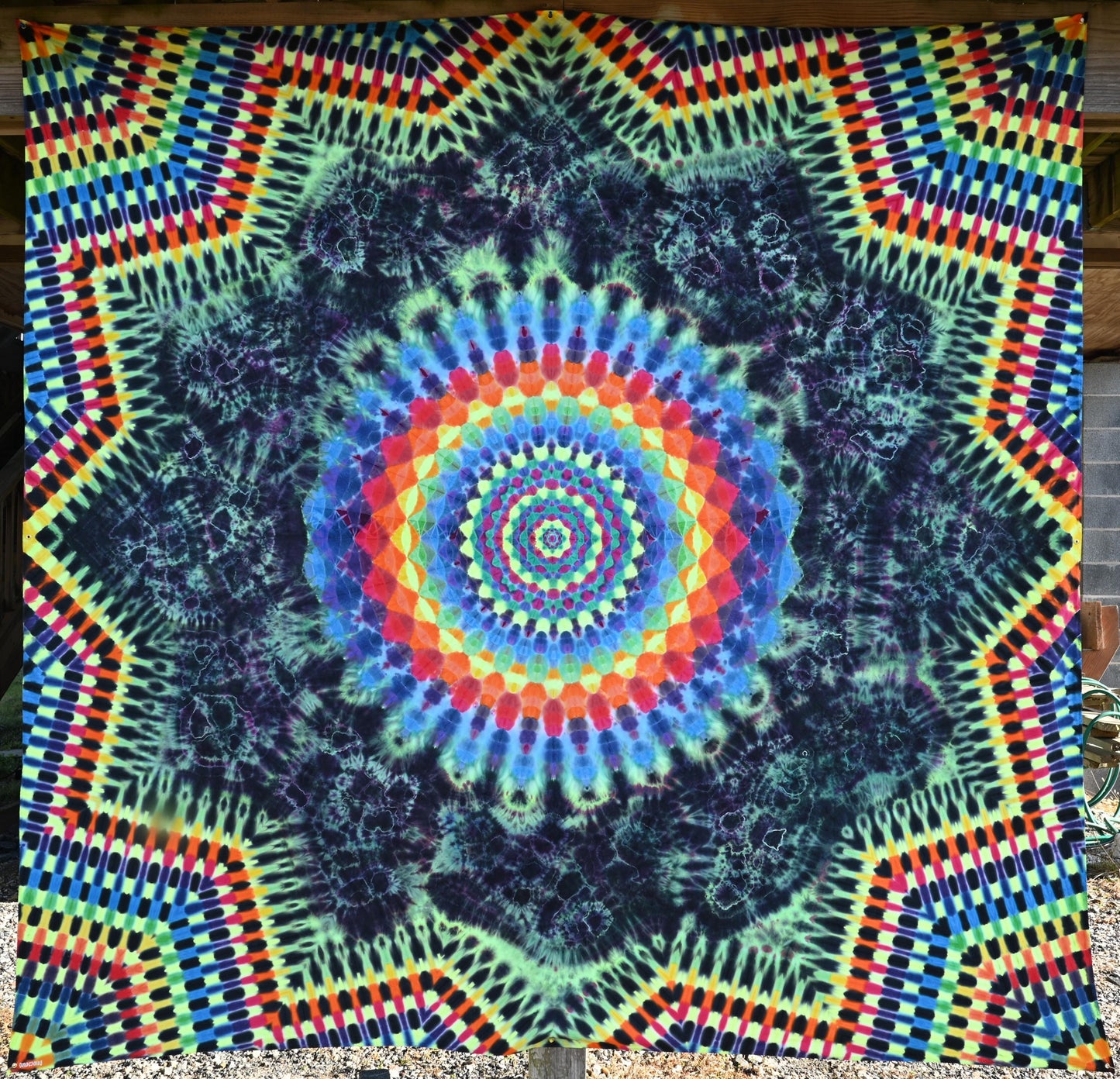 104"X102" Super Heady UV Reactive from center: Octagon->24 Point Mandala->Geodes->Neo-DNA {12/3} Dodecagram Border Tie Dye on a Tapestry