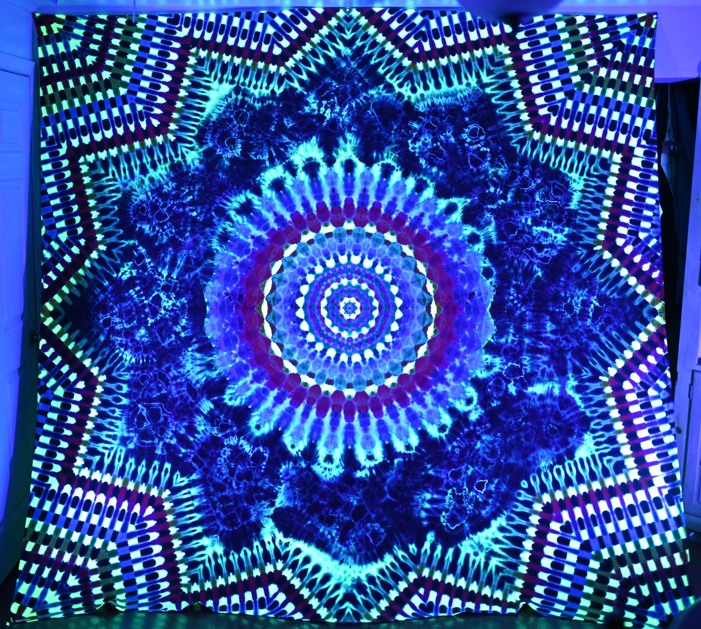 104"X102" Super Heady UV Reactive from center: Octagon->24 Point Mandala->Geodes->Neo-DNA {12/3} Dodecagram Border Tie Dye on a Tapestry