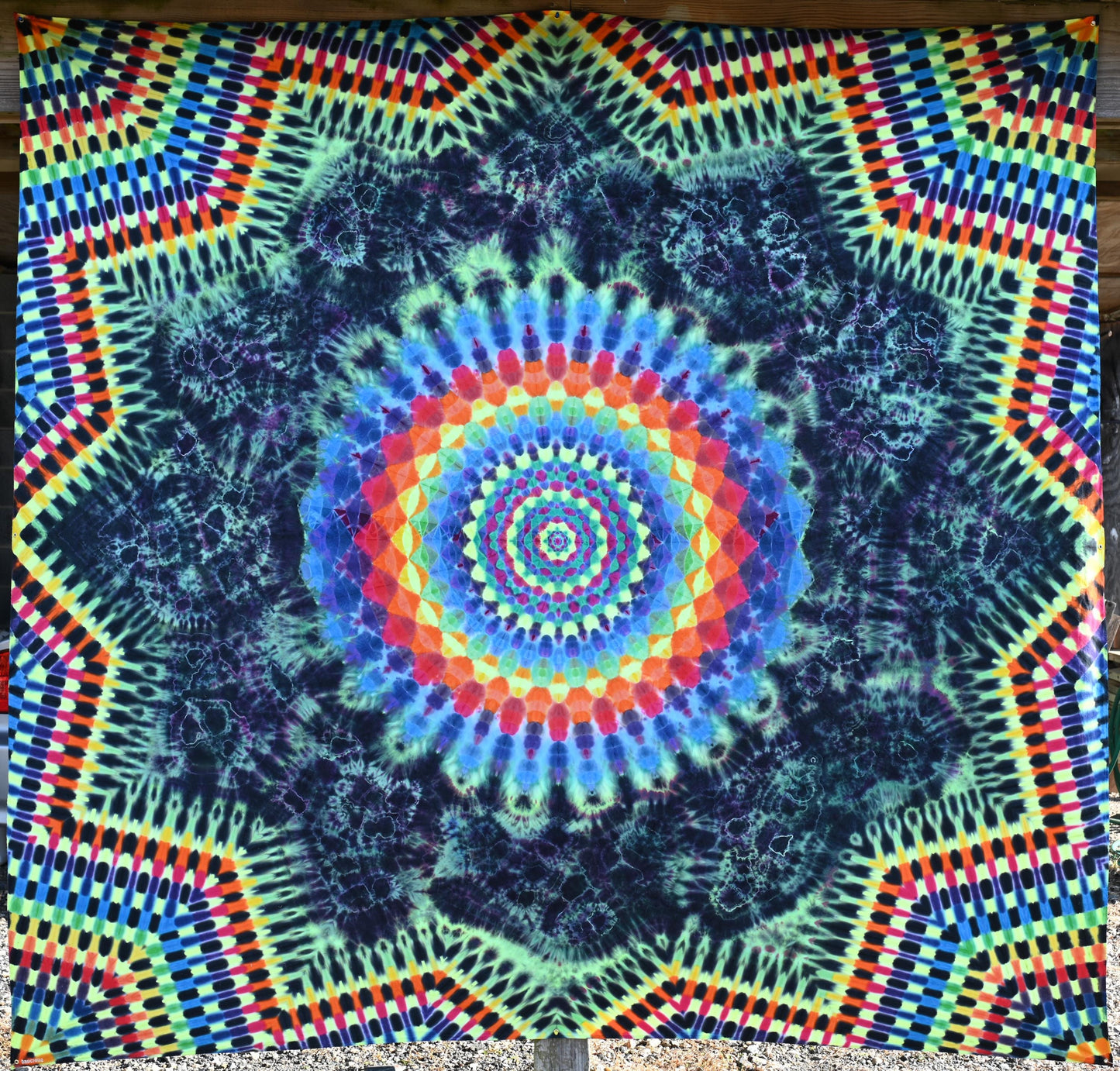 104"X102" Super Heady UV Reactive from center: Octagon->24 Point Mandala->Geodes->Neo-DNA {12/3} Dodecagram Border Tie Dye on a Tapestry