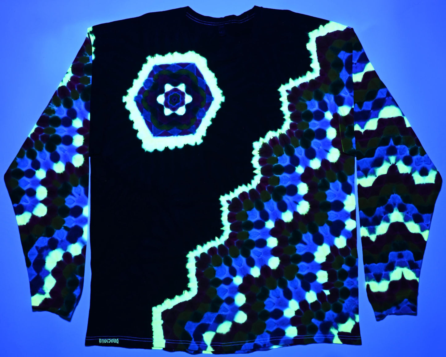 3X UV Reactive Hexagon Rght side of Chest + Back/Zig Zag Honeycomb/ Black* Filler Tie Dye on a Tultex 291 Ringspun Cotton Long Sleeve Shirt#