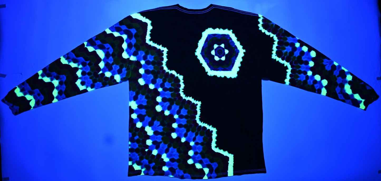 3X UV Reactive Hexagon Rght side of Chest + Back/Zig Zag Honeycomb/ Black* Filler Tie Dye on a Tultex 291 Ringspun Cotton Long Sleeve Shirt#