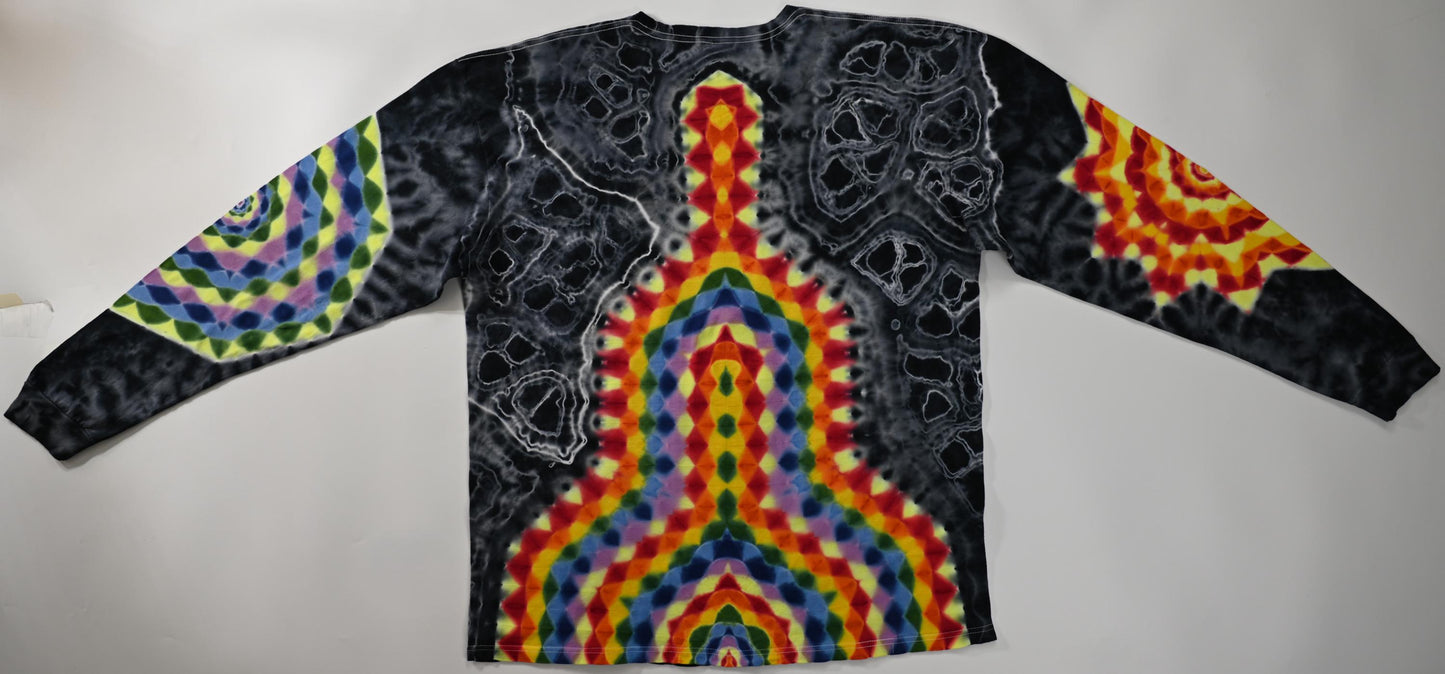 XL Super Heady UV Reactive Hexagon>Dodecagram Frnt/Geometric Tower Bck/Decagram R Slv/Octagon L Slv/Geode +Scrunch Tie Dye Long Slv Shirt