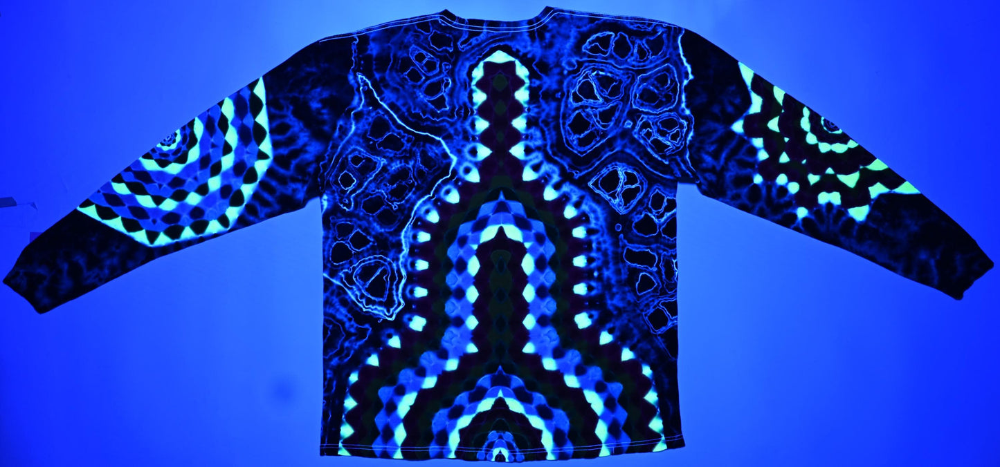 XL Super Heady UV Reactive Hexagon>Dodecagram Frnt/Geometric Tower Bck/Decagram R Slv/Octagon L Slv/Geode +Scrunch Tie Dye Long Slv Shirt