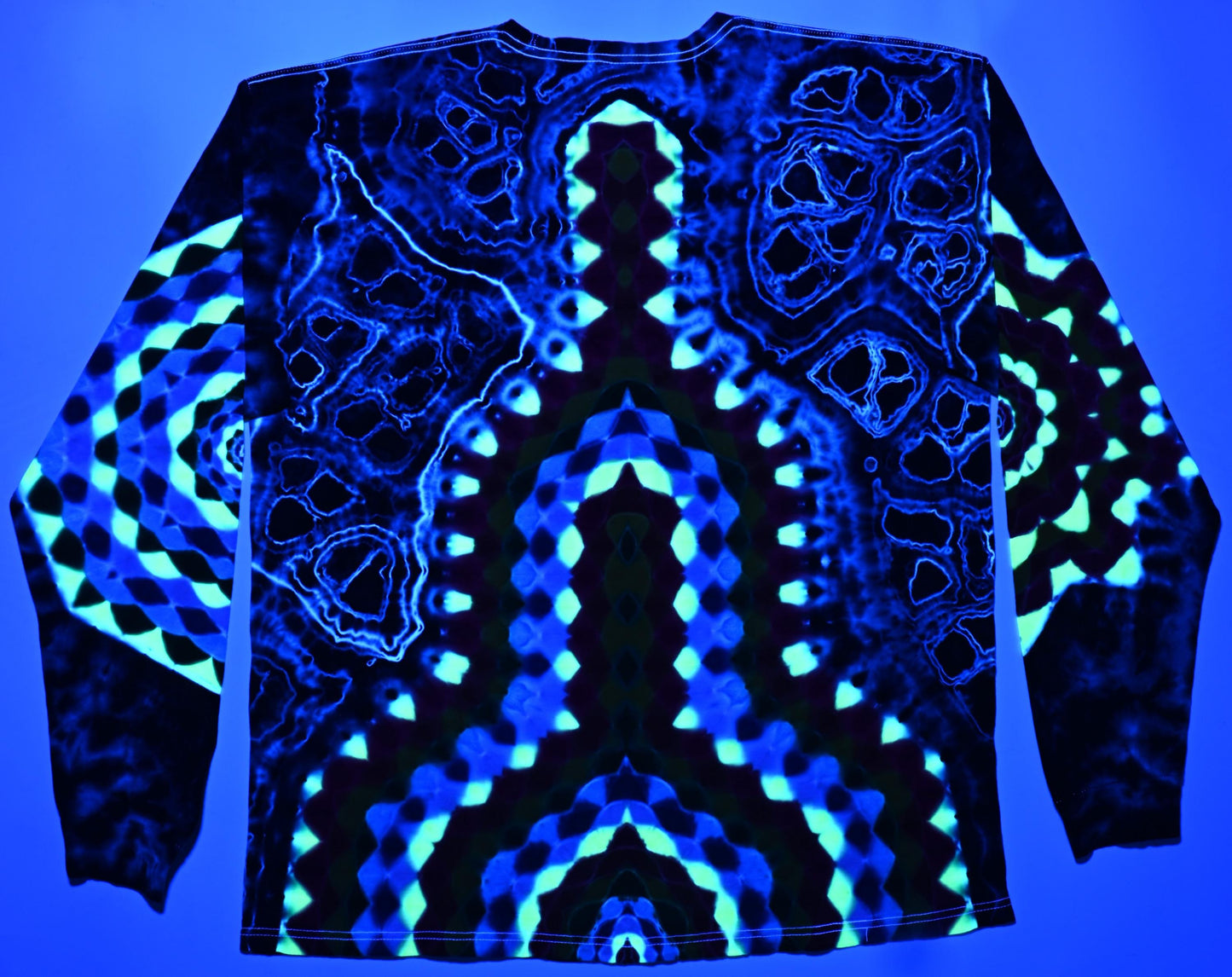 XL Super Heady UV Reactive Hexagon>Dodecagram Frnt/Geometric Tower Bck/Decagram R Slv/Octagon L Slv/Geode +Scrunch Tie Dye Long Slv Shirt